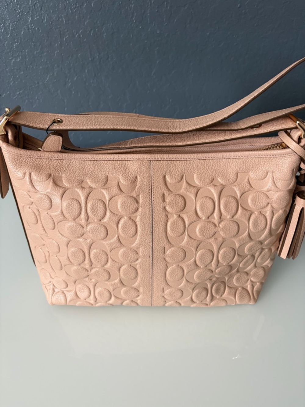Coach Pebbled Leather Signature Embossed Shoulder Bag in Blush